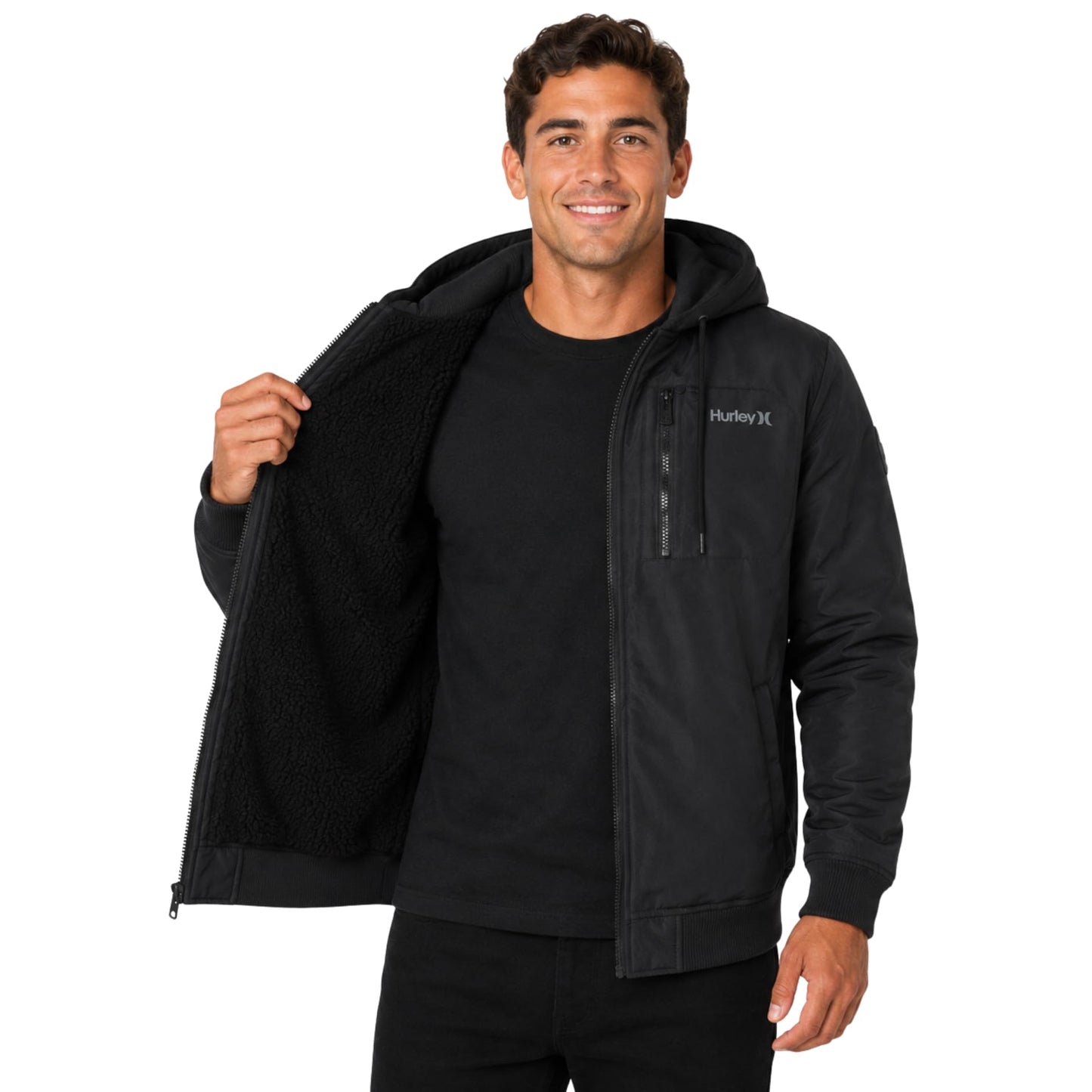 Hurley Mens Bomber Jacket - Soft Cozy Sherpa Lined Weather Resistant Casual Hooded Fleece Jacket for Men (Sizes: S-XL), Size Medium, Black