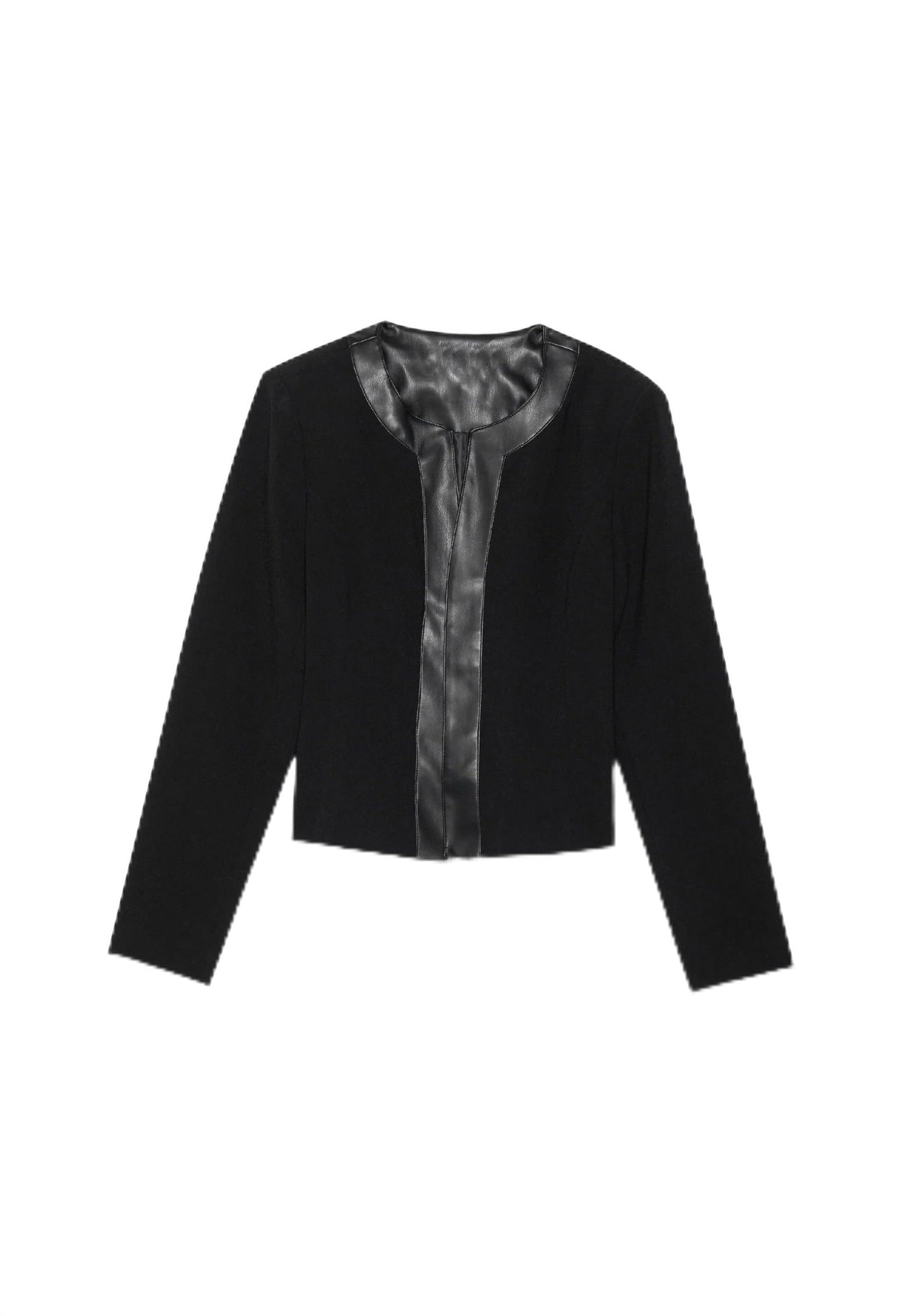 SS-Sunrise Fashion Women's Black Blazer Jacket with Faux Leather Trim, Long Sleeve, Collarless Design (X-Large, Black)