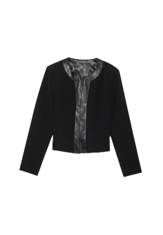 SS-Sunrise Fashion Women's Black Blazer Jacket with Faux Leather Trim, Long Sleeve, Collarless Design (X-Large, Black)