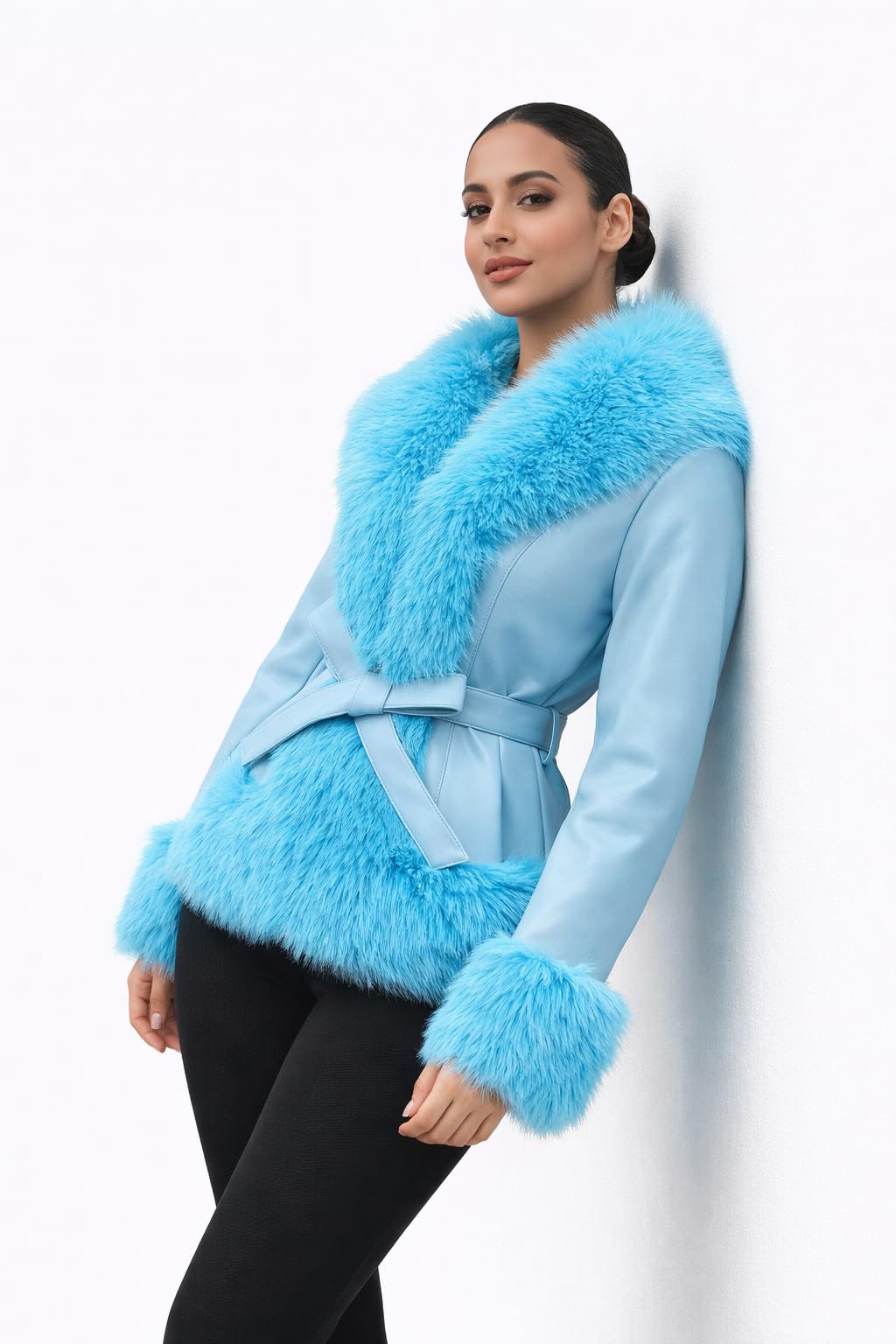 DLNYC Waist Length Warm Winter Vegan Leather Jacket with Faux Fur Trim (US, Alpha, Large, Regular, Regular, Blue)