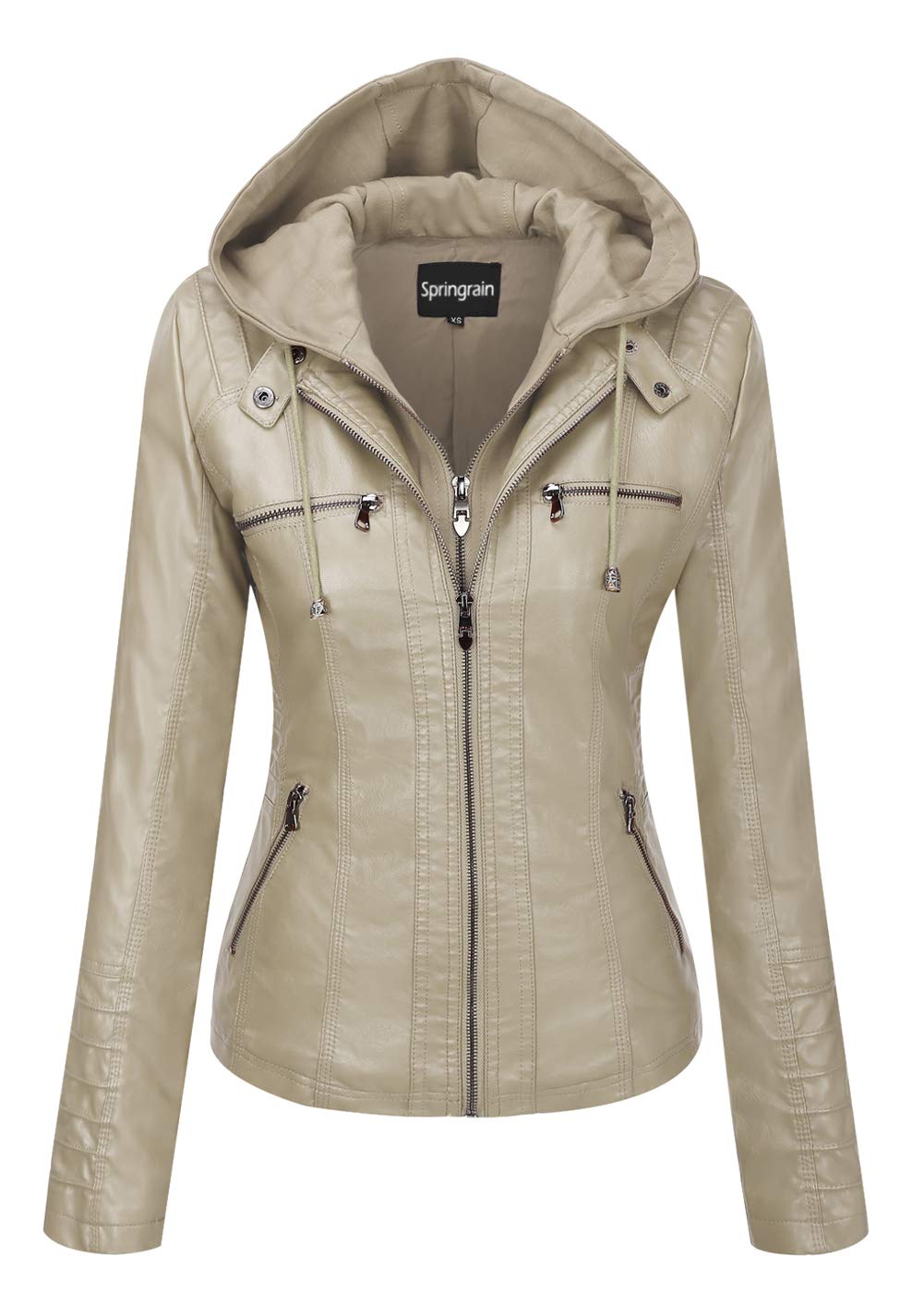 Springrain Women's Faux Leather Jacket Moto Biker Coat with Detachable Hood Motorcycle Jacket (Large, Apricot)