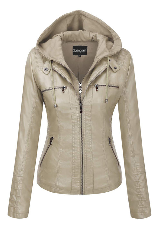 Springrain Women's Faux Leather Jacket Moto Biker Coat with Detachable Hood Motorcycle Jacket (Large, Apricot)