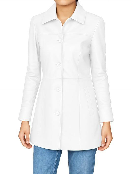 Jild Casual Car Coat Lambskin Leather Jacket Women – ¾ Length Blazer Overcoat Style Leather Long Coat Women (CCW-White-L)