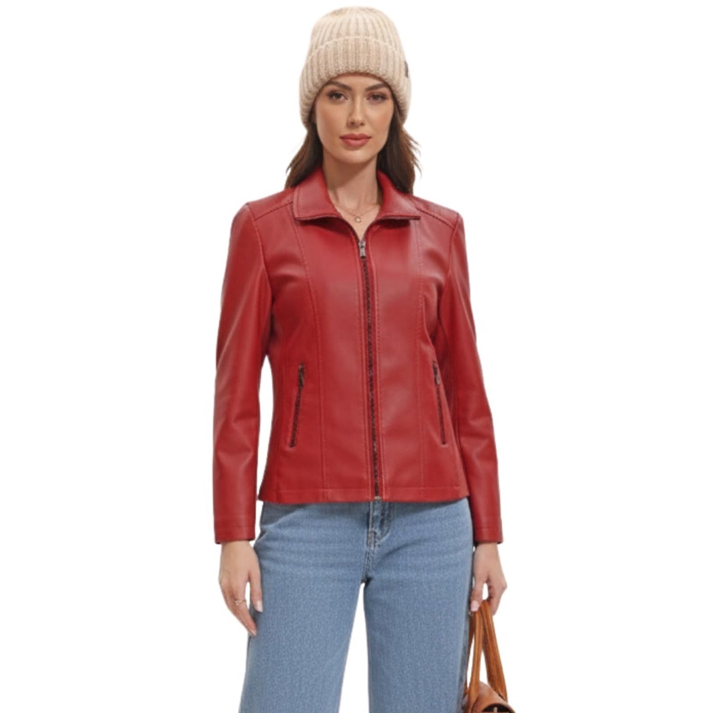 CHIGUO Faux Leather Jacket for Women Motorcycle Fashion Zip Up Coat Trendy Going Out Jackets (Red,Medium)