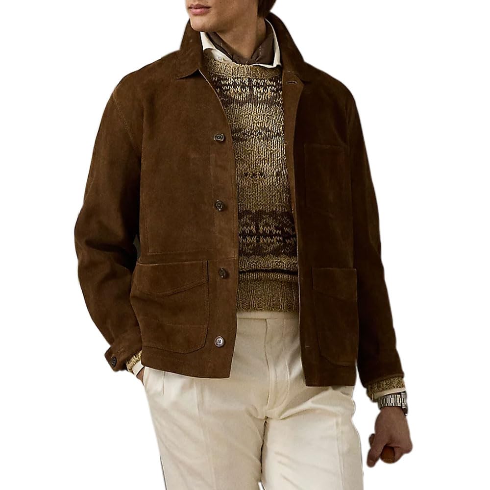 Suede Leather Jacket Men – Real Lambskin Suede Casual Leather Jackets For Men - Mens Suede Jacket (US, Alpha, Small, Regular, Regular, Brown)