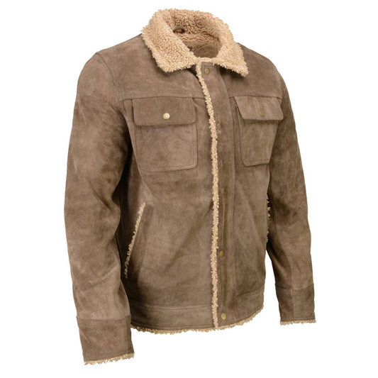 Milwaukee Leather Vintage SFM1811 Men's Classic Taupe Suede Leather Fashion Coat Jacket w/Plush Sherpa Inside Lining - Large