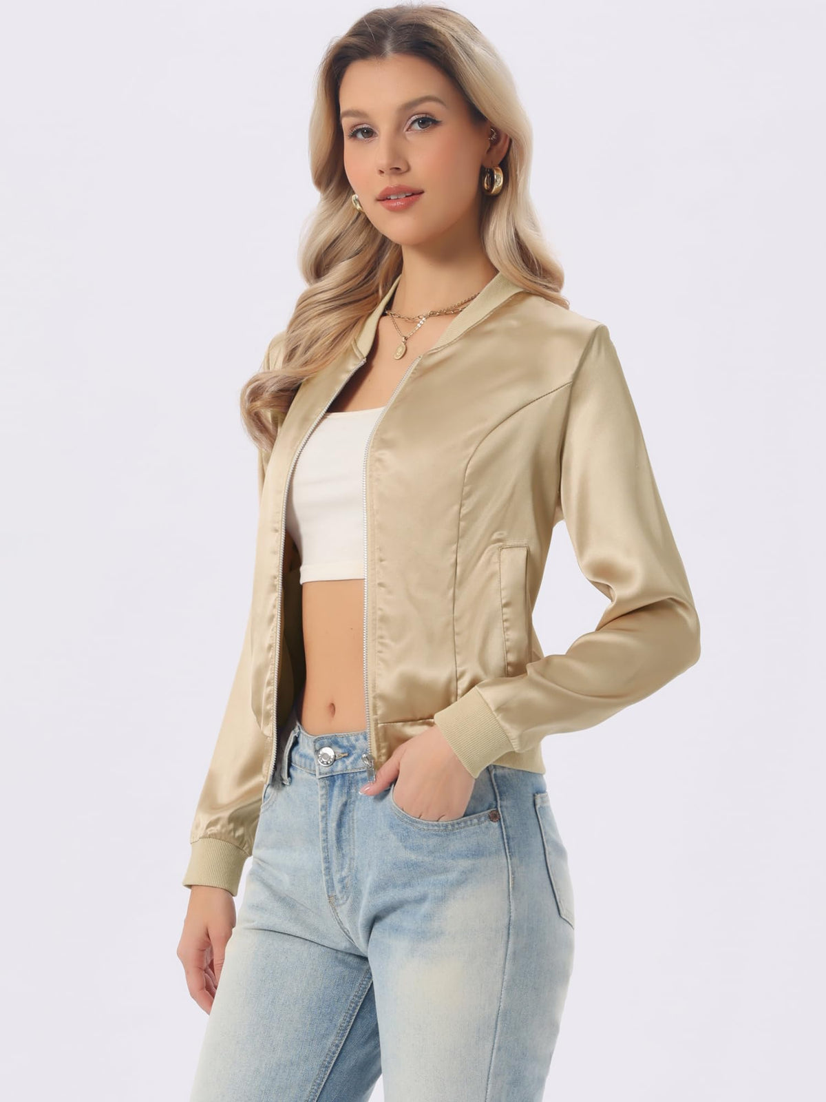 Allegra K Women's Bomber Jacket Satin Long Sleeve Zipper Floral Print Casual Fall Coat with Pocket Winter Outwear X-Large Champagne