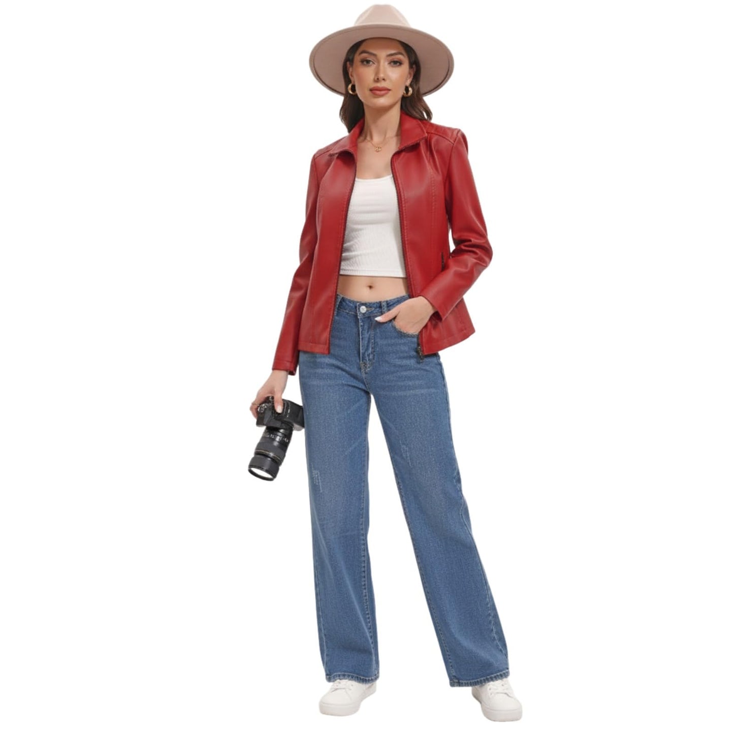 CHIGUO Faux Leather Jacket for Women Motorcycle Fashion Zip Up Coat Trendy Going Out Jackets (Red,Medium)