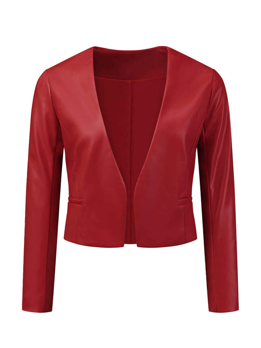 Allegra K Women Faux Collarless Open Front Crop PU Leather Moto Jacket