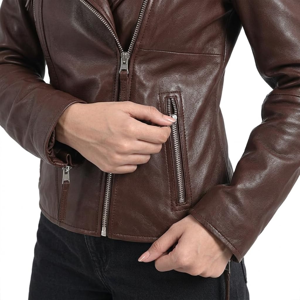 STREGA Women's Lambskin Leather Motorcycle Jacket - Real Leather Biker Jacket Women with Leather Pullers for Timeless Everyday Style | Brown – Large