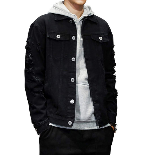 DAVID.ANN Men's Distressed Jean Coat Ripped Holes Button Down Denim Casual Trucker Jacket Outerwear,Black,Medium