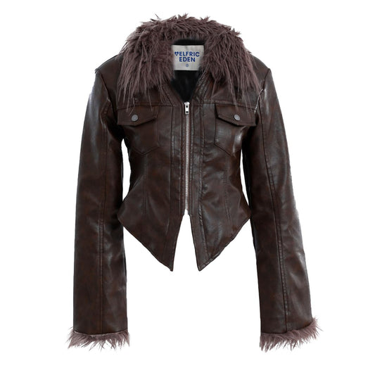 Aelfric Eden Womens Leather Jacket Zipper Fashion Vintage Furry Paneled Faux Leather Coat