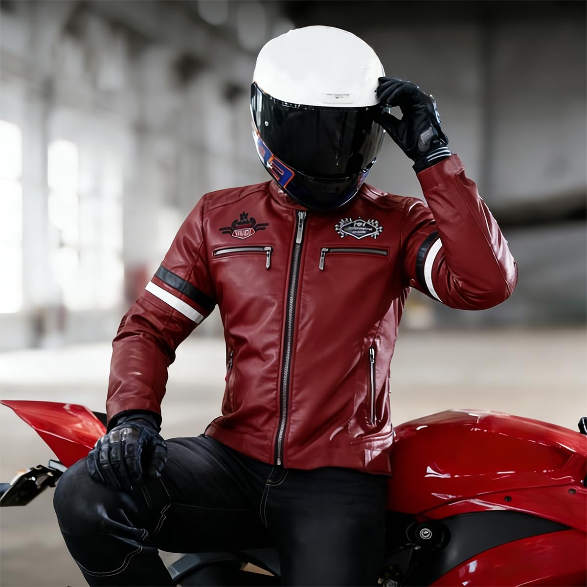 YXYSZZ Men's Motorcycle Jacket Faux Leather Zipper Coat Cycling Windproof(L,Z2906rd)