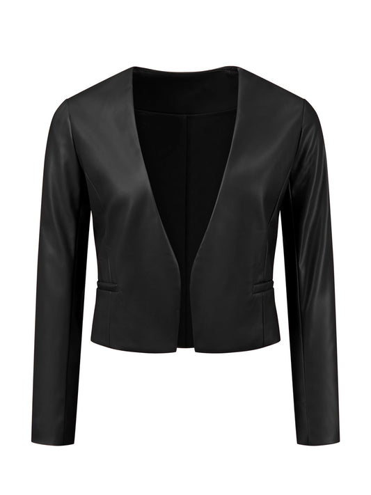 Allegra K Faux Leather Jacket for Women's Collarless Open Front Crop PU Moto Biker Jackets Small Black