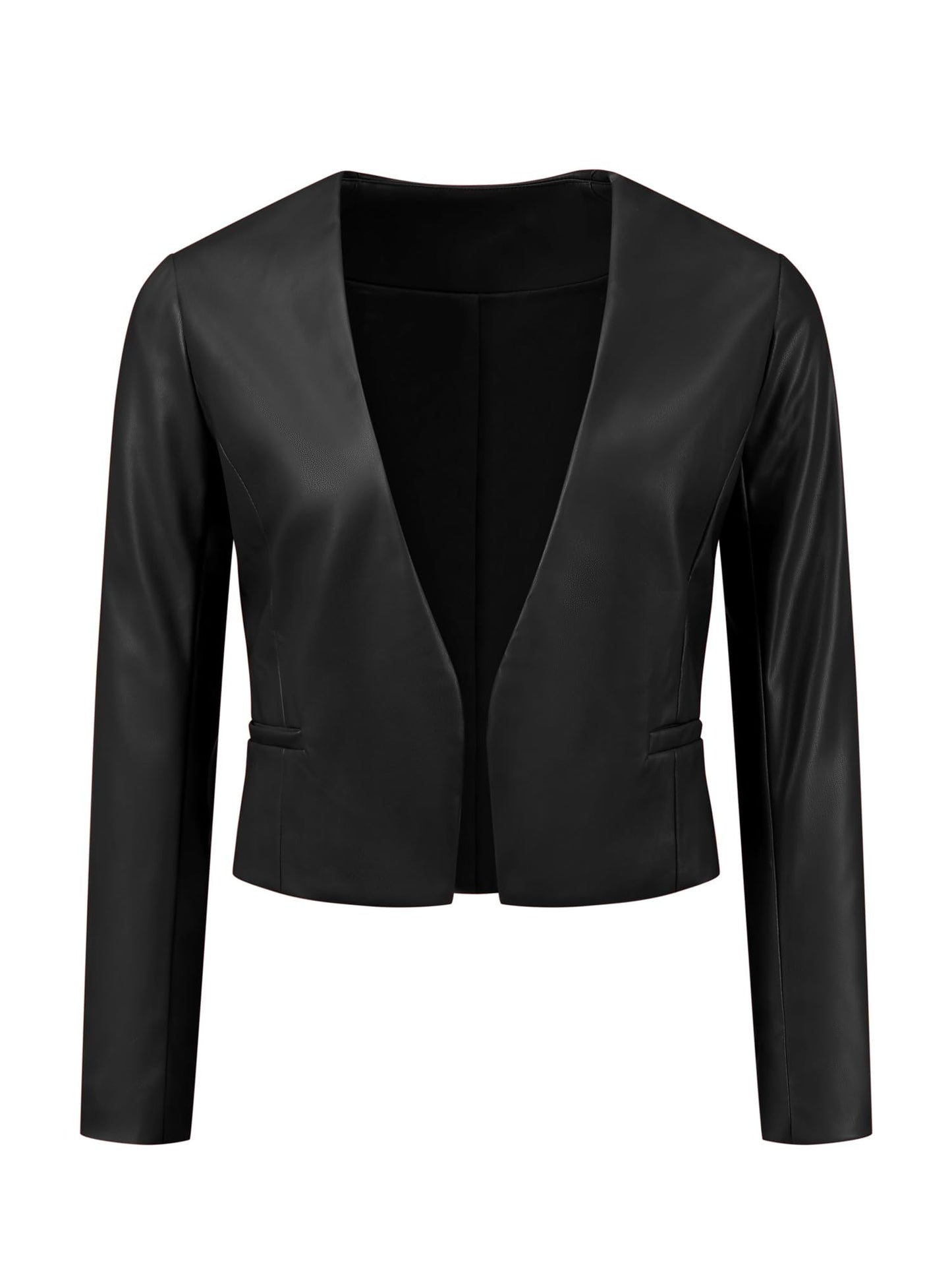 Allegra K Faux Leather Jacket for Women's Collarless Open Front Crop PU Moto Biker Jackets Medium Black