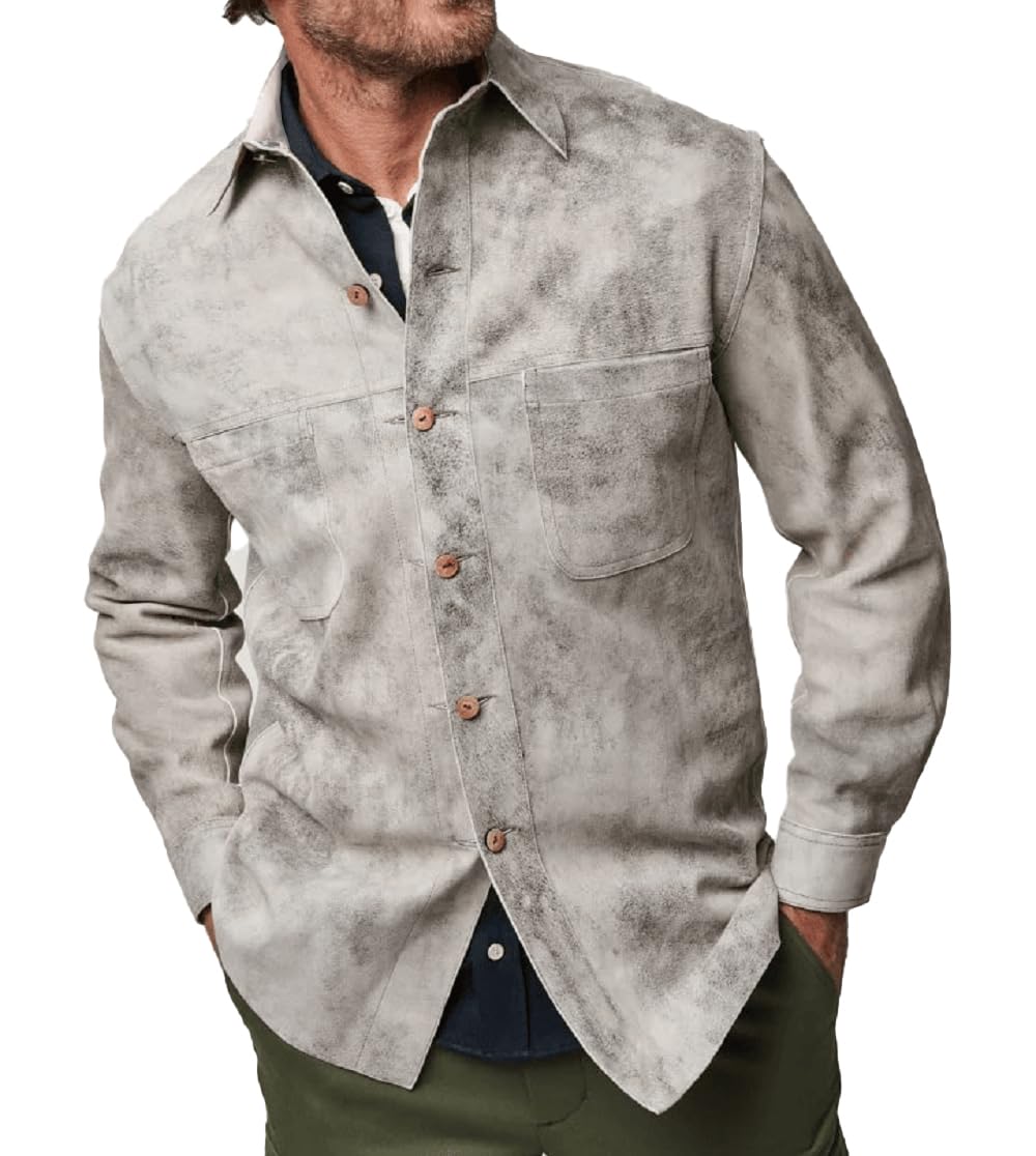 Isaac & David Chicago Mens Long Sleeve Suede Shirts Button Down Shacket Suede Trucker Jacket Real Suede Leather Shirt (as1, alpha, l, regular, regular, Distressed Grey Suede Leather Shirt)
