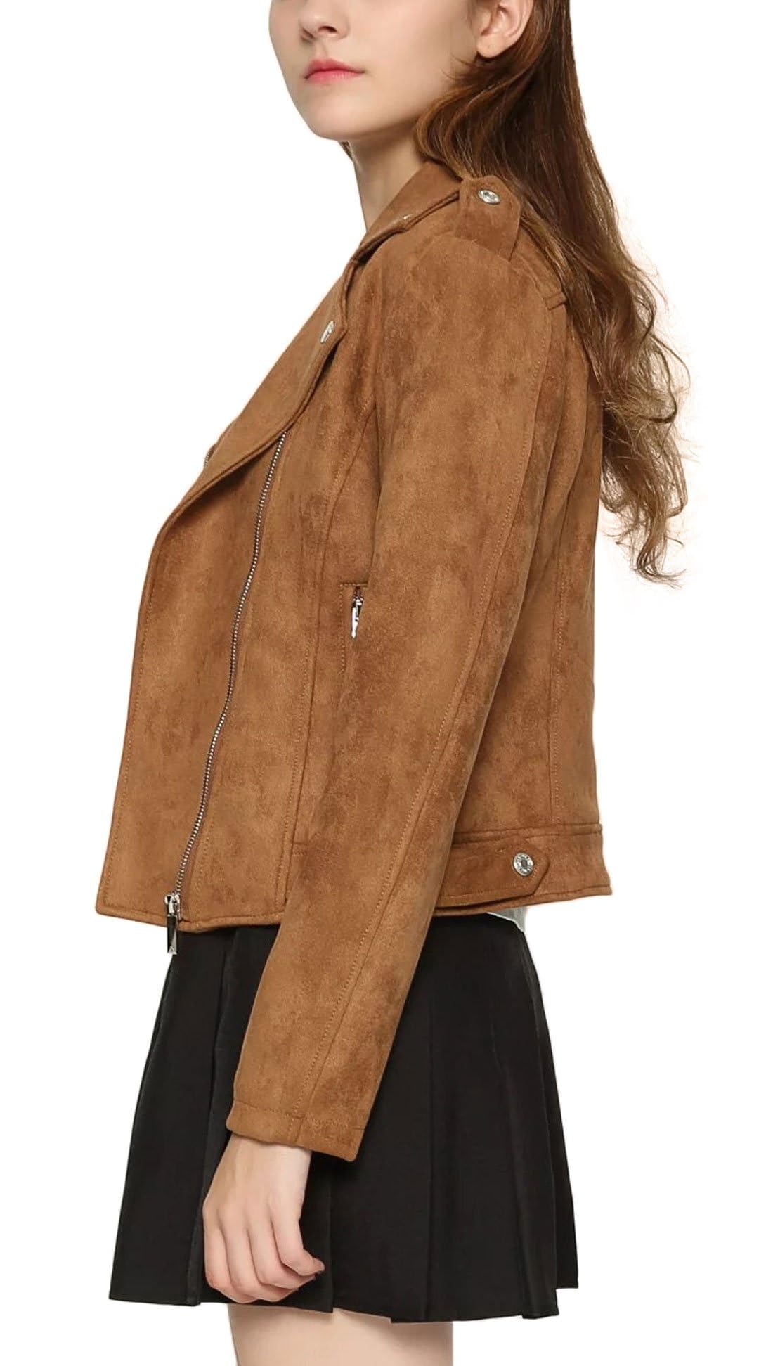 CHARTOU Women's Fall 2023 Fashion Faux Suede Leather Casual Moto Biker Jacket Coats (Small, Coffee)