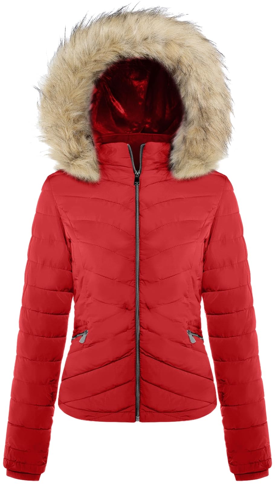 BodiLove Women's Everyday Warm Winter Quilted Puffer Short Coat High Collar Jacket with Removable Faux Fur Hood Zipper Vegan Leather Piping Water Resistant Wind Blocker Red M