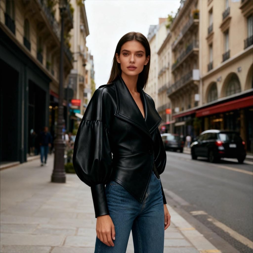 RISCUYY Cropped Leather Jacket Women Puff Sleeve Lapel Single Button Leather Bomber Jacket Women 2026