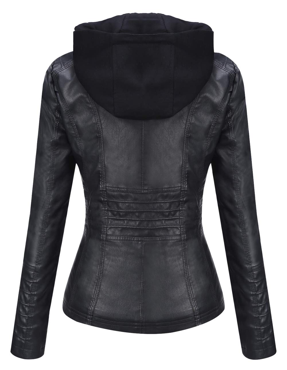 Springrain Women's Faux Leather Jacket Moto Biker Coat with Detachable Hood Motorcycle Jacket (Large, Black)