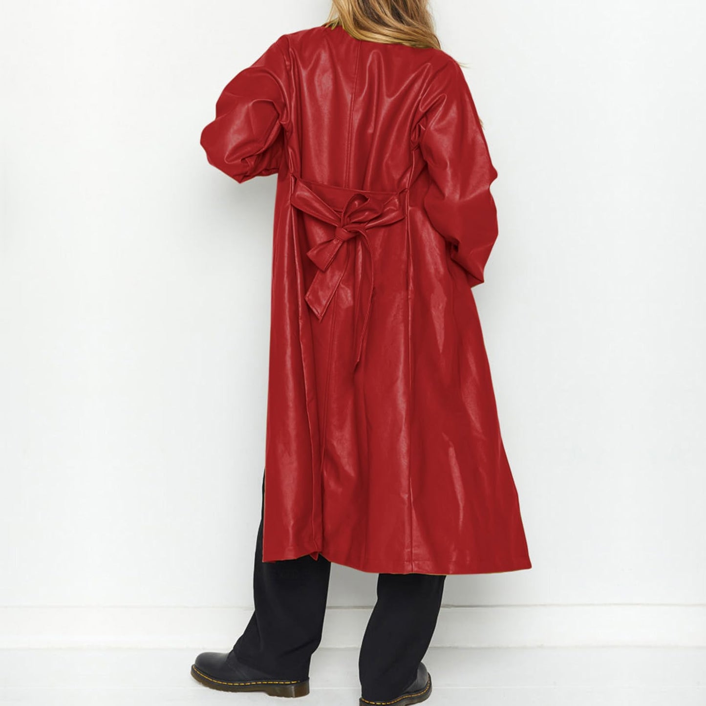 chouyatou Women's Casual Lapel Open Front Pu Faux Leather Long Trench Coat with Belt (Medium, Red)