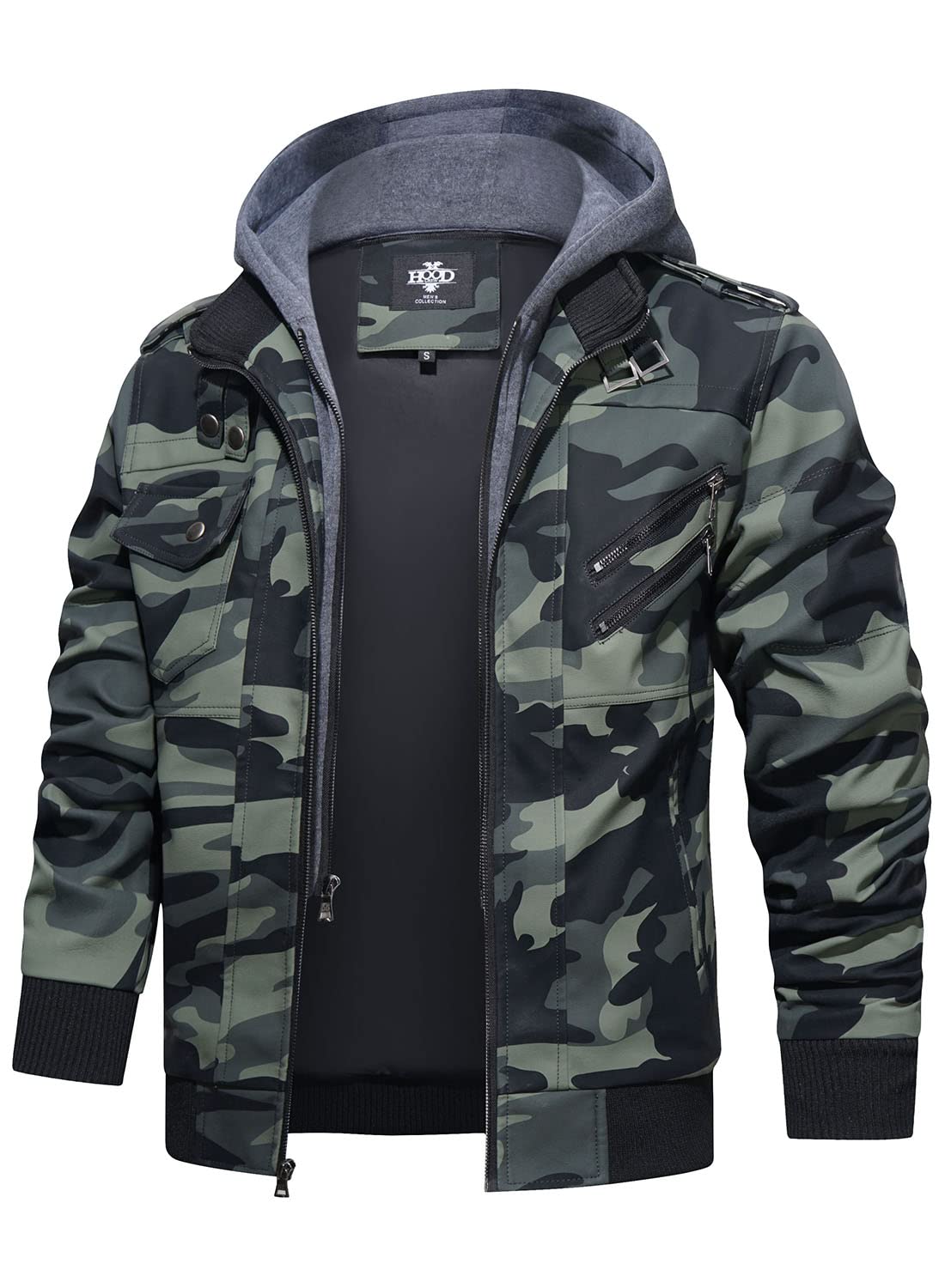 HOOD CREW Men’s Casual Stand Collar PU Faux Leather Zip-Up Motorcycle Bomber Jacket With a Removable Hood Camouflagegreen L
