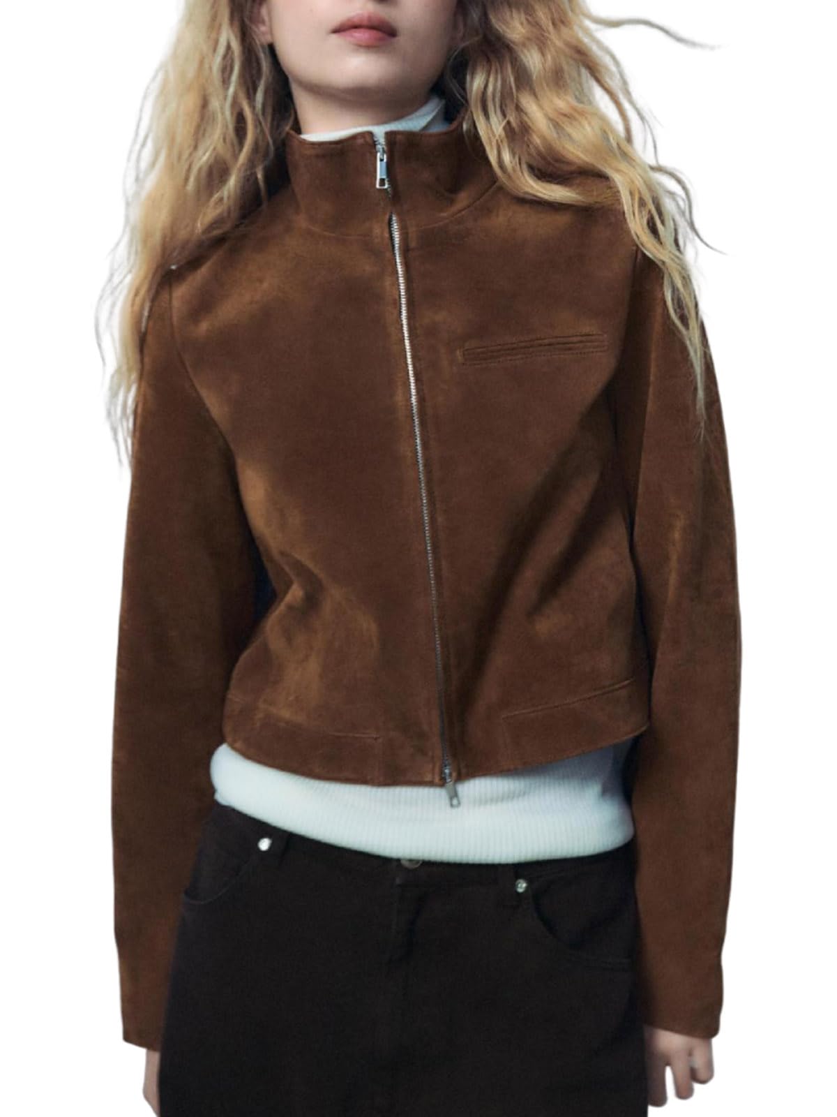 utcoco Womens Cropped Faux Suede Jackets Casual Zip Up Short Leather Coat Fashion Y2k Tops (XX-Large, Brown)