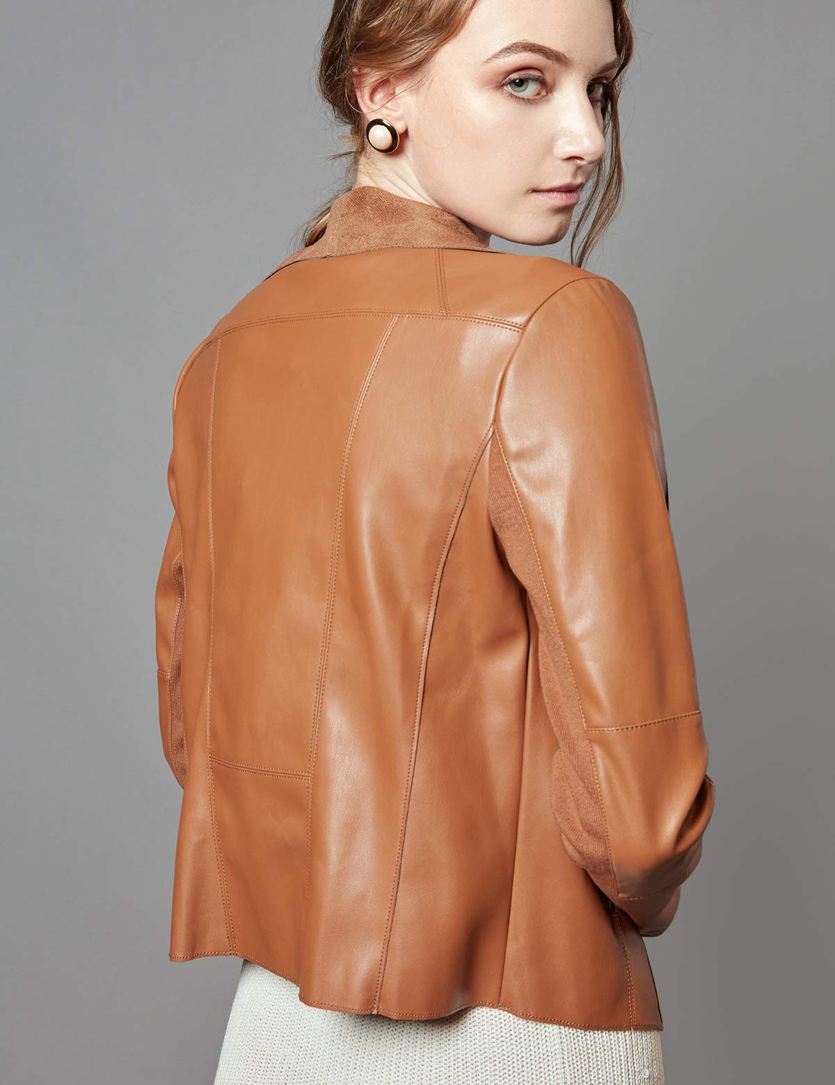 Escalier Women's Faux Leather Jackets Slim Open Front Lapel Blazer Jackets Brown Large