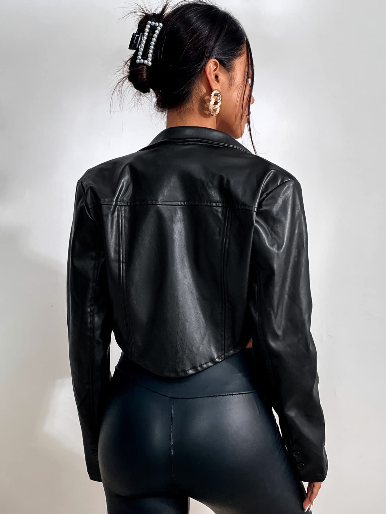SweatyRocks Women's PU Leather Cropped Coat Casual Button Front Jacket with Bust Pocket Black L