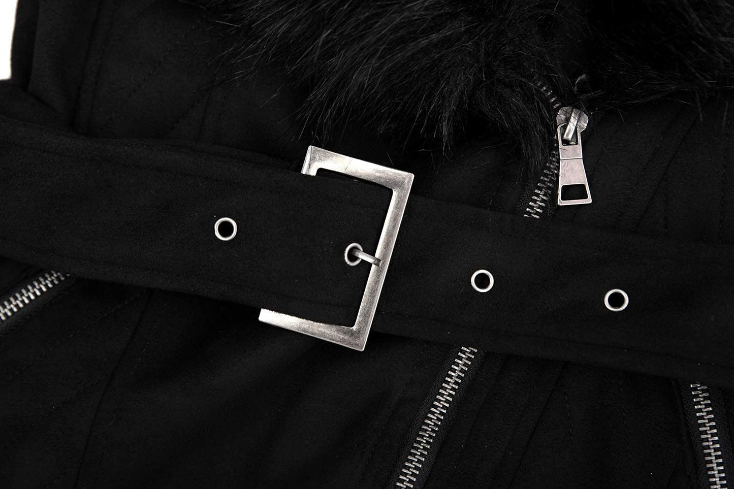 Bellivera Women's Pea Coat Faux Suede Leather Long Jacket Wonderfully Parka Outwear with Detachable Fur Collar 7923 Black M