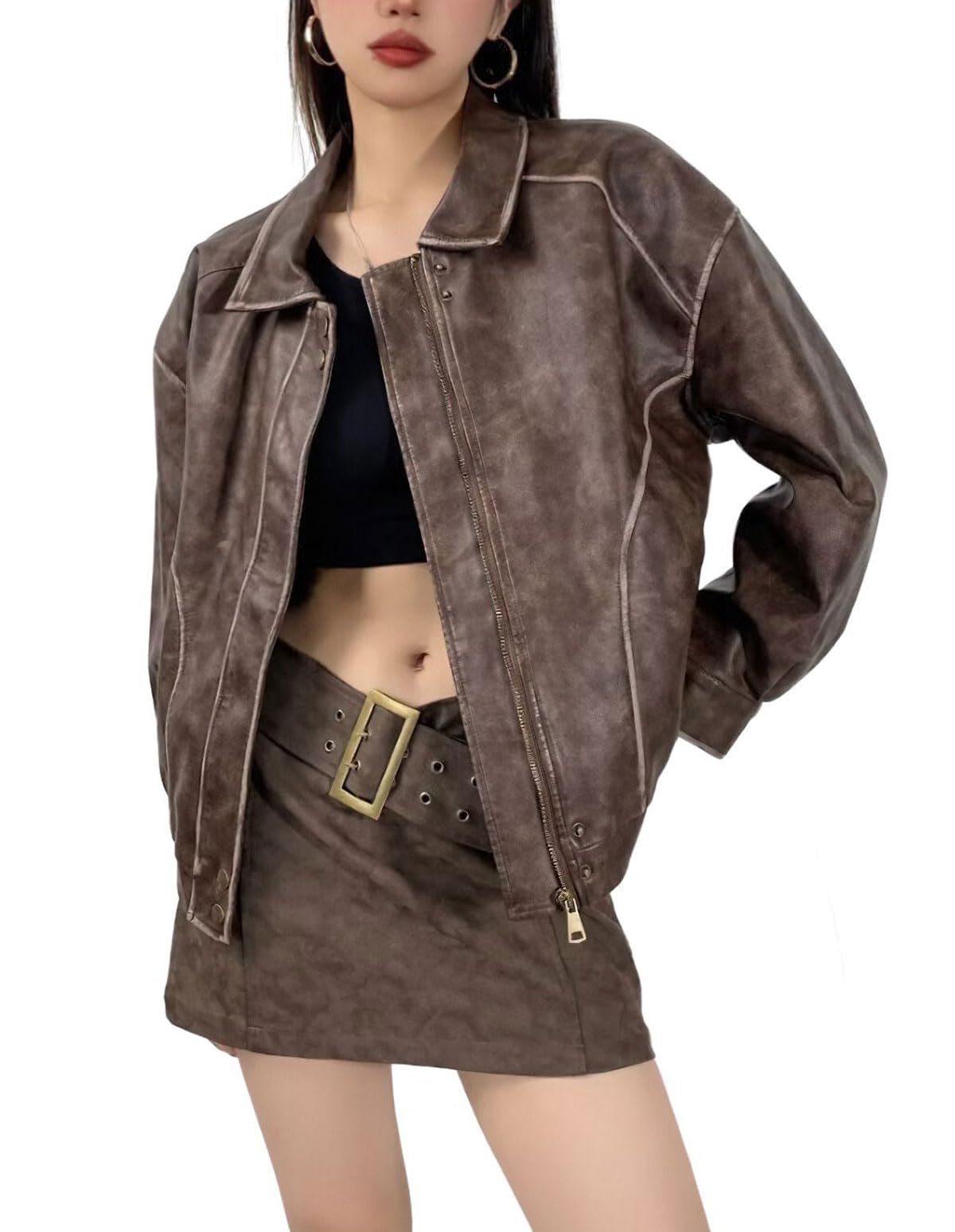chouyatou Women's Fall Distressed Faux Leather Bomber Jacket Motorcycle Oversized Leather Jacket (Small, Brown)