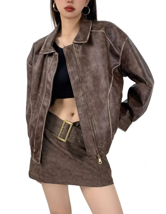 chouyatou Women's Fall Distressed Faux Leather Bomber Jacket Motorcycle Oversized Leather Jacket (Small, Brown)