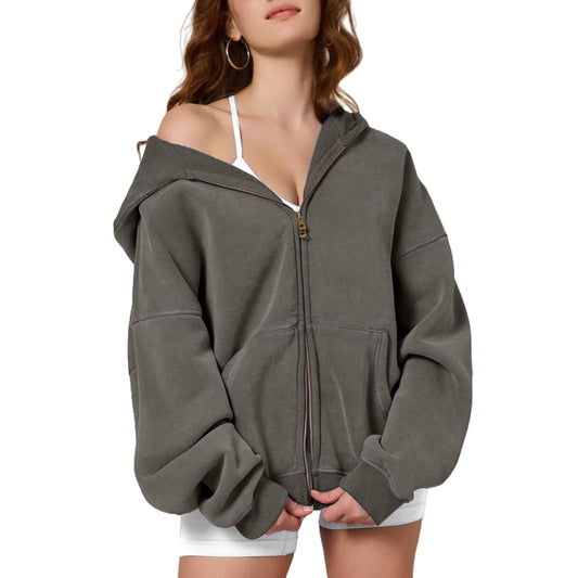 Dnzzs Womens Zip Up Hoodie Oversized Acid Wash Sweatshirts Heavyweight Fall Fashion Outfits Casual Jackets Winter Clothes,Grey,Medium