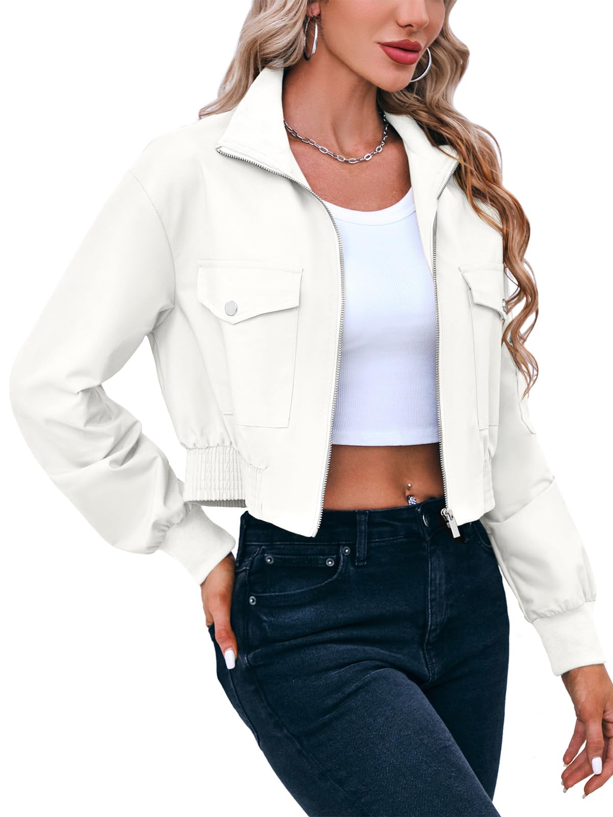 Fisoew Women's Fashion Cropped Bomber Jacket Long Sleeve Zip Up Stand Collar Jacket Coat with Pocket