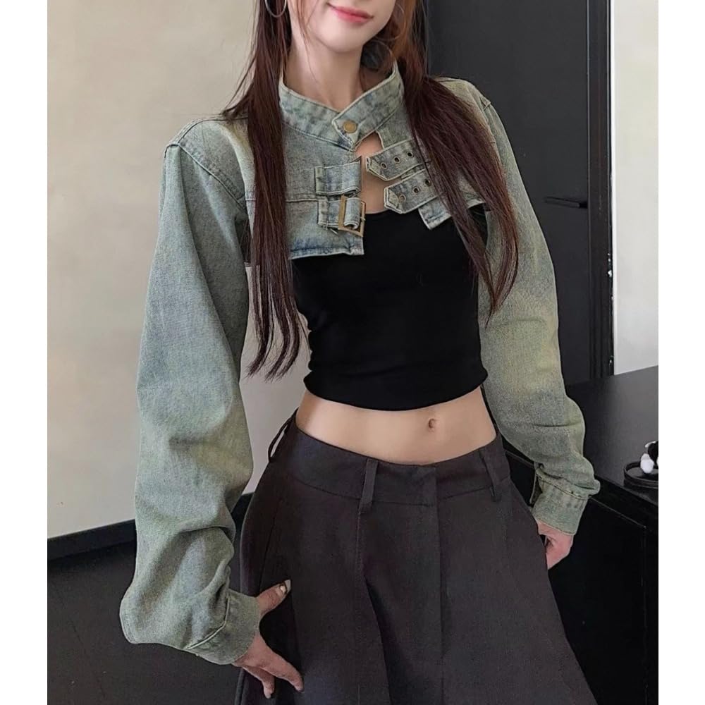 Xojbzoo Women's Y2K Belted Black Motorcycle Jacket Pleated Long Sleeve Super Short Coat Trendy Summer Fashion (US, Alpha, Small, Regular, Regular, Blue)