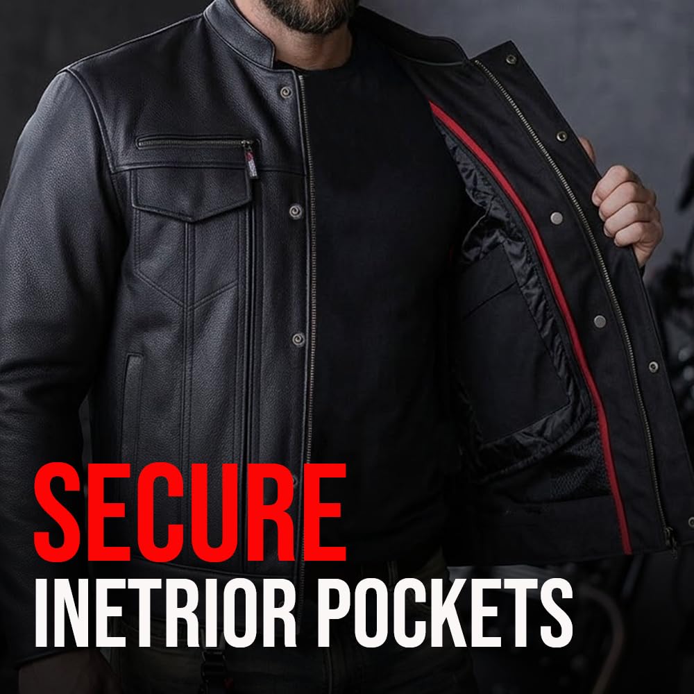 COMMUTER Men's Motorcycle Jacket, Premium Buffalo Leather, CE Armor - Ventilation, Utility Pockets, Cruiser Biker Black XL