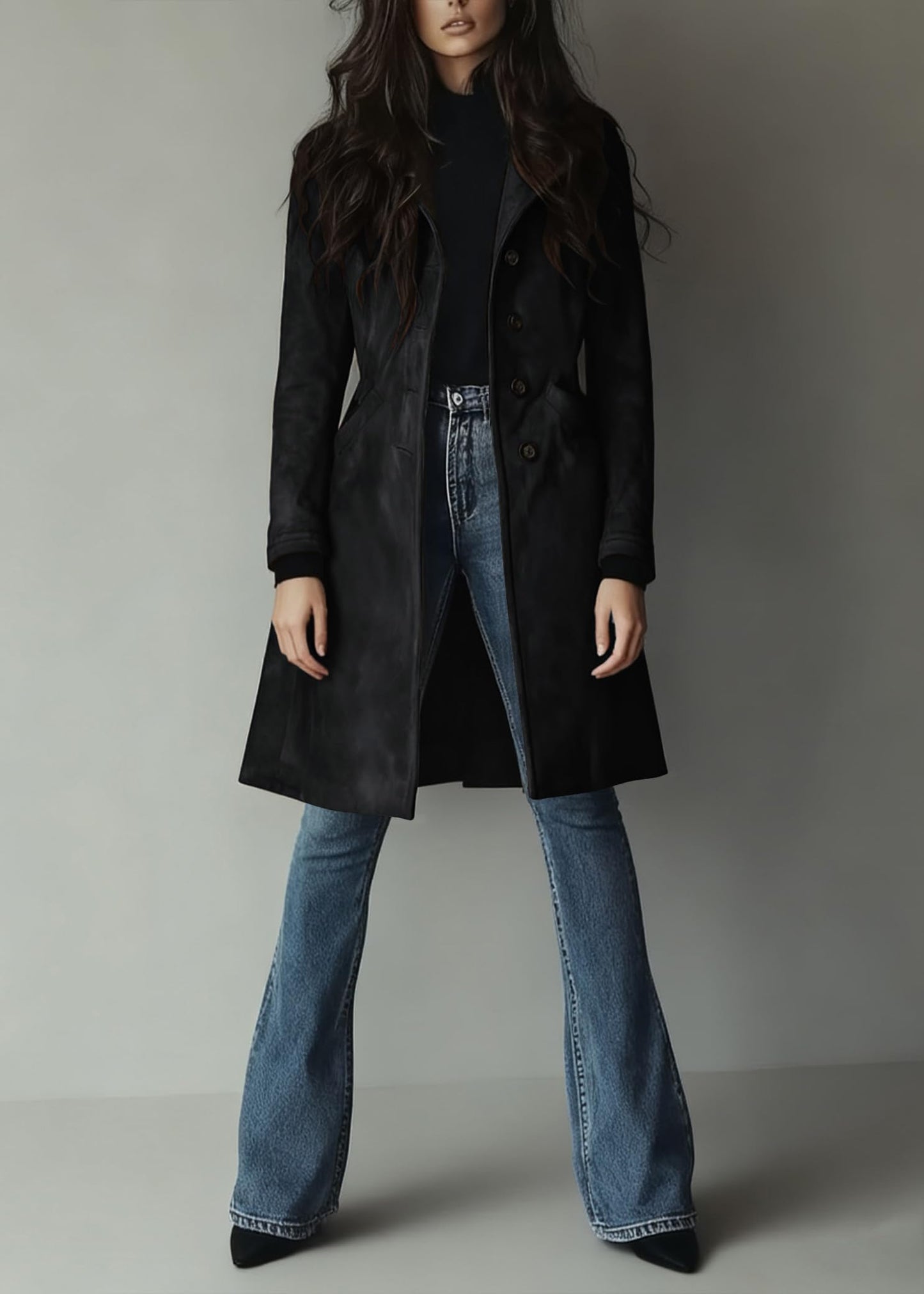 chouyatou Women's Fall Faux Suede Leather Trench Coat Casual Lapel Midi Long Dressy Blazer Jacket Coat with Pockets (X-Small, Black)