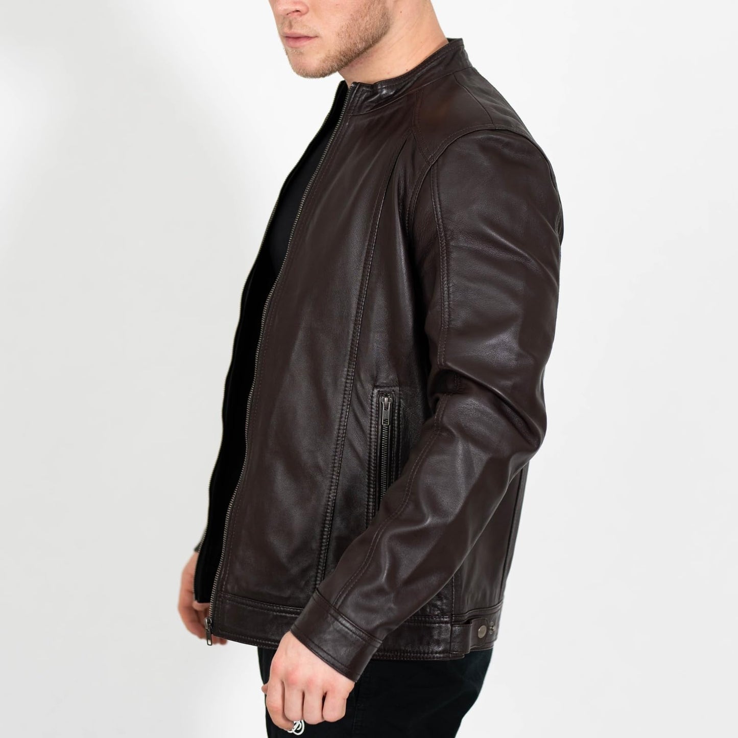 BRICK LANE Stand Collar Leather Jacket for Men | Timeless Design - Genuine Lamb Nappa Leather Cafe Racer Jacket (US, Alpha, X-Large, Regular, Regular, Brown)