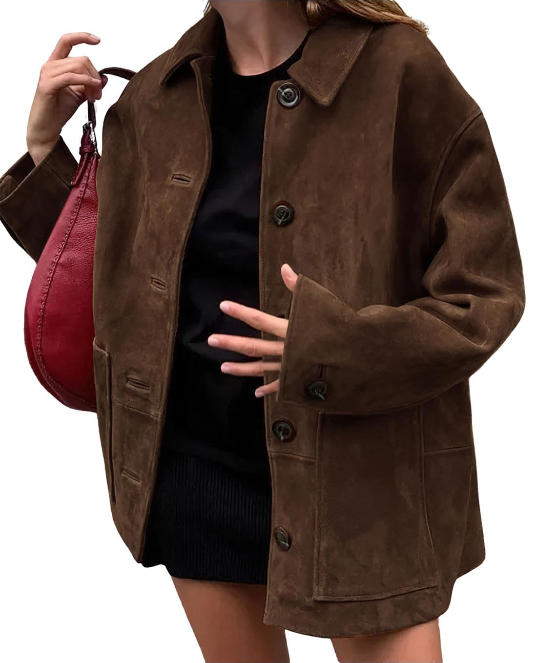chouyatou Women's Fall Boyfriend Faux Suede Leather Jacket Casual Midi Long Button Down Shacket Coat (Medium, Coffee)