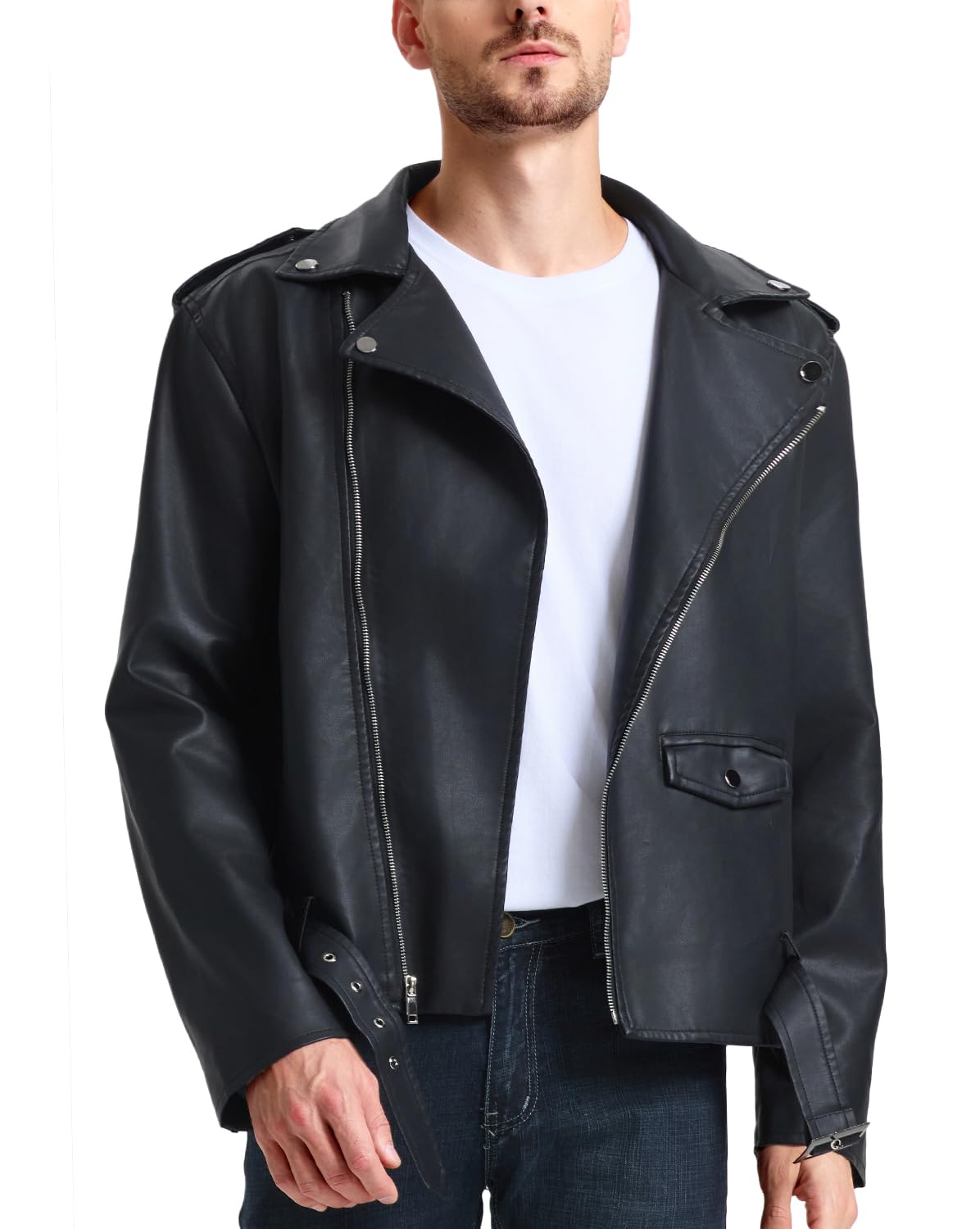 WULFUL Men's Leather Jackets, Faux Bomber Jacket for Men Motorcycle Lapel Asymmetric Zip-Up Slim Fit Biker Coat