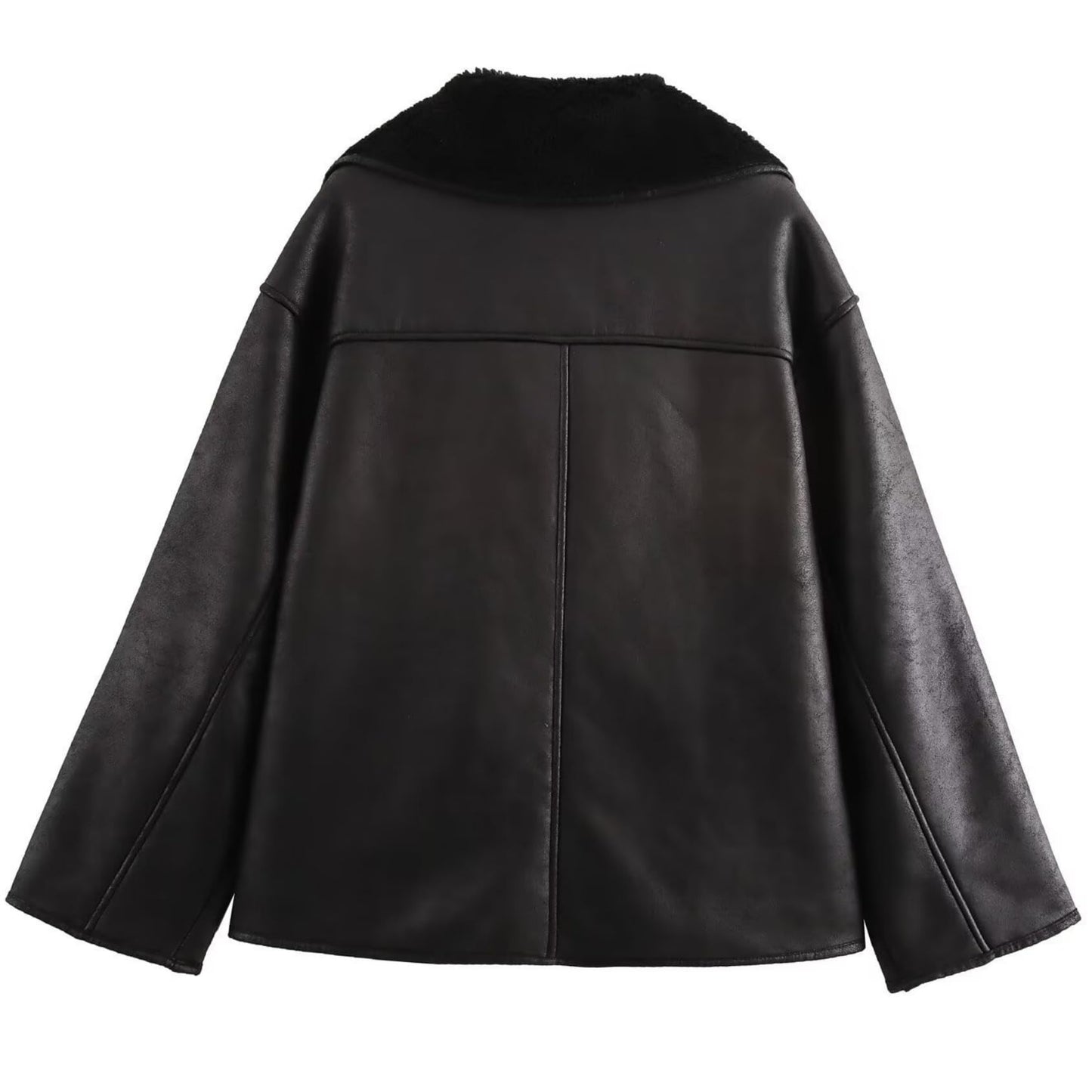 Perbai Women's Lapel Fleece Lined Single Breasted Faux Suede Jacket Oversized Leather Trucker Coat(Black-L)
