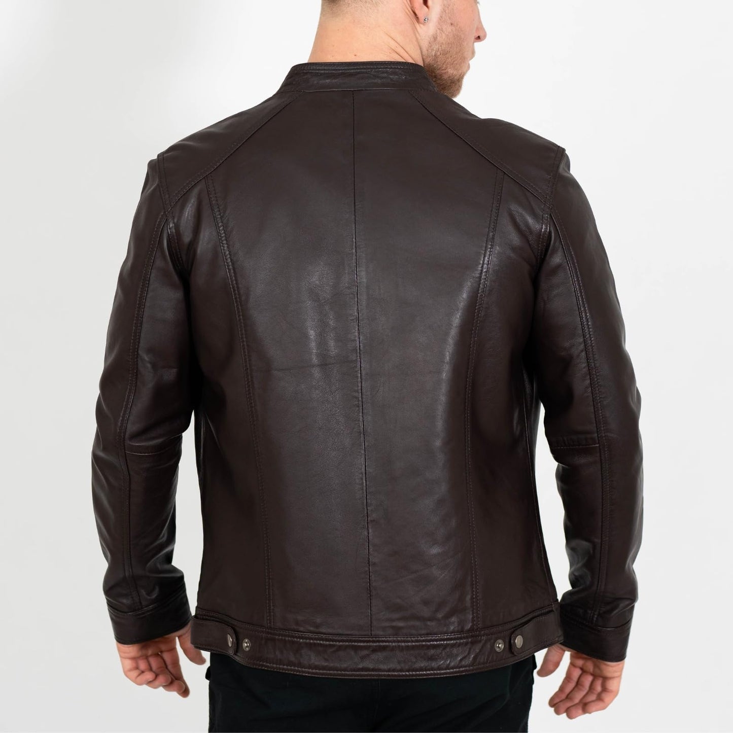 BRICK LANE Stand Collar Leather Jacket for Men | Timeless Design - Genuine Lamb Nappa Leather Cafe Racer Jacket (US, Alpha, X-Large, Regular, Regular, Brown)