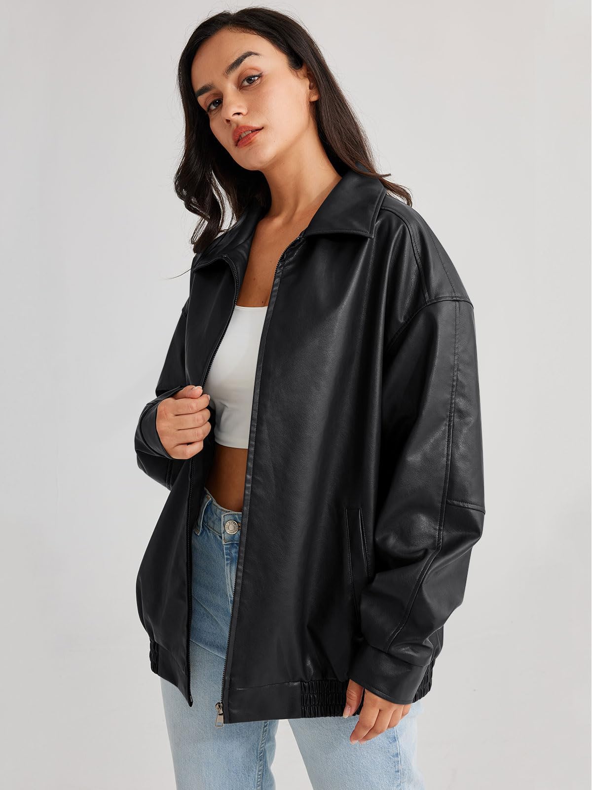 hathne Women's Oversized Leather Jackets Faux Zip Up Fall Fashion Motorcycle Jackets Coats Winter Clothes(Black,XXL)