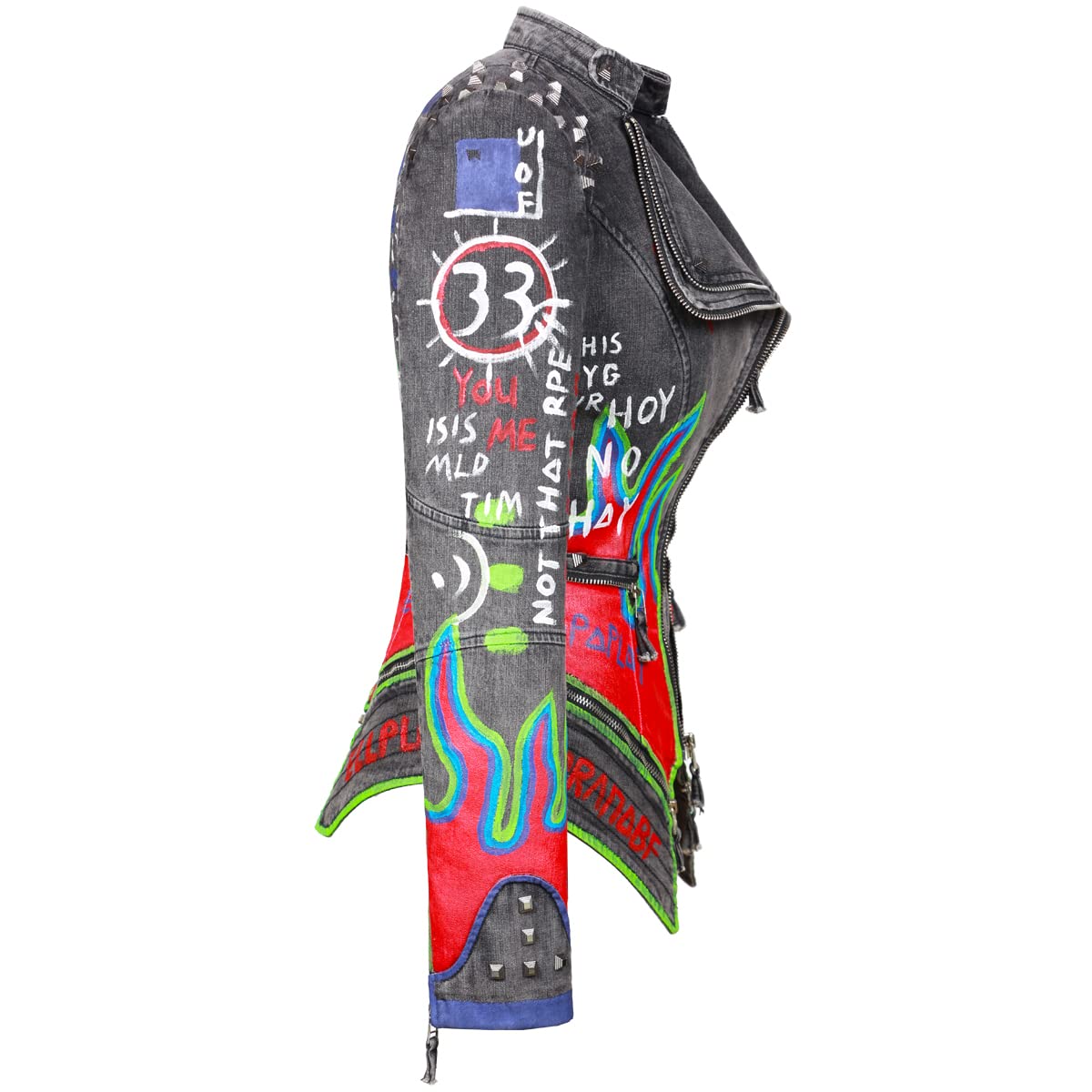 Fashion SX Women's hand-painted pattern fashion studs perfect shaping bicycle jacket motorcycle denim zipper jacket（XL-Grey）