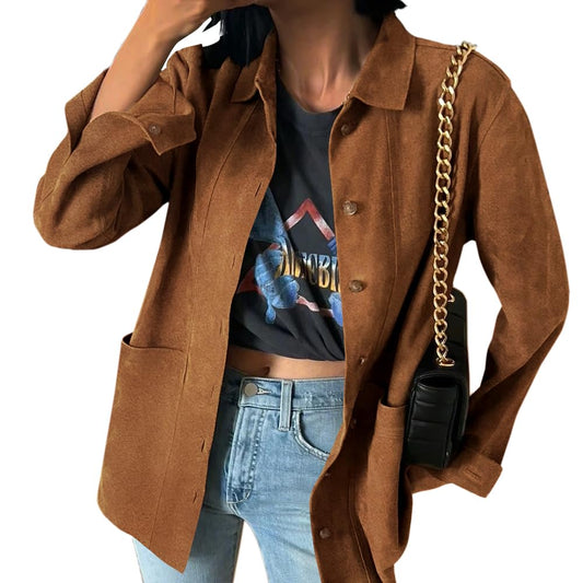 Tankaneo Womens Faux Suede Jackets Button Down Long Sleeve Shackets Coat Trendy Fall Clothes