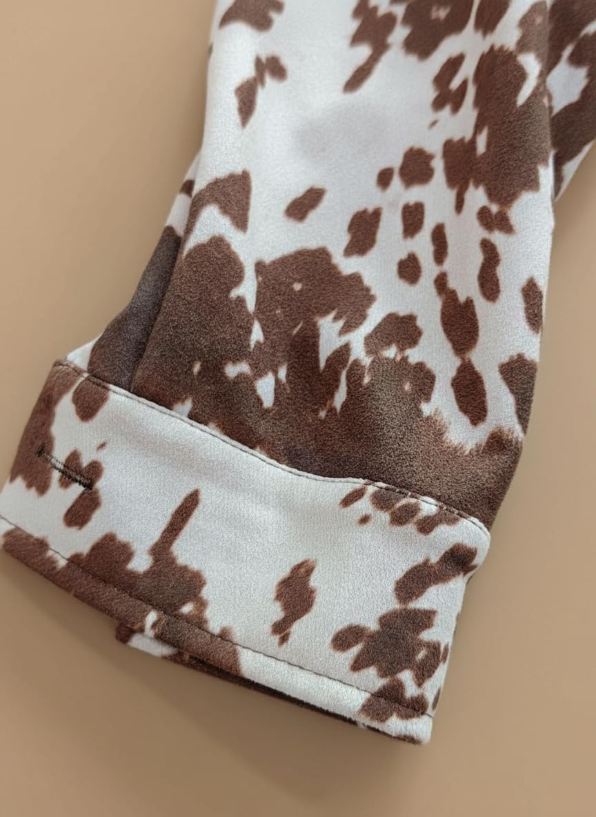 TELUPDI Women’s Cow Print Suede Jacket Set Casual Animal Print Cropped Coat Long Sleeve Button Up Western Motorcycle Outwear (US, Alpha, X-Large, Regular, Regular, BROWN)