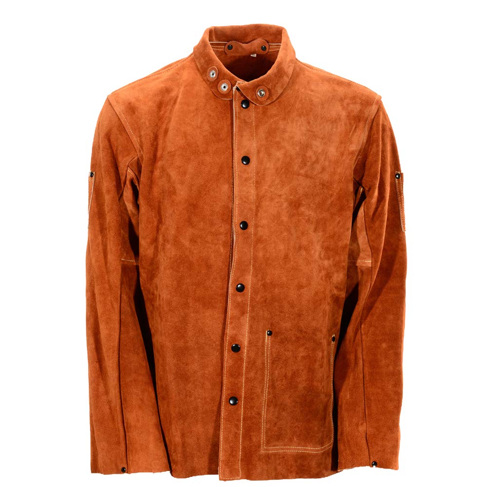 Leather Welding Work Jacket by QeeLink - Flame-Resistant Heavy Duty Split Cowhide Leather (Large)