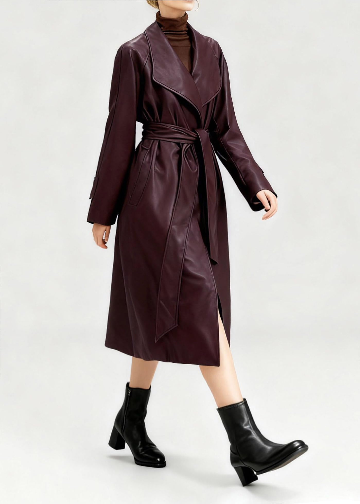 utcoco Womens Faux Leather Classic Lapel Trench Coat Long Leather Blazer Jackets Open Front with Belt (Small, Wine)