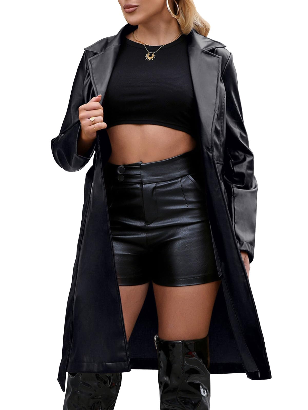 Gudasuo Leather Jacket Women Trench Coat Long Loose Button Jacket Open Front Motorcycle Coat with Belt(0021,B,S)