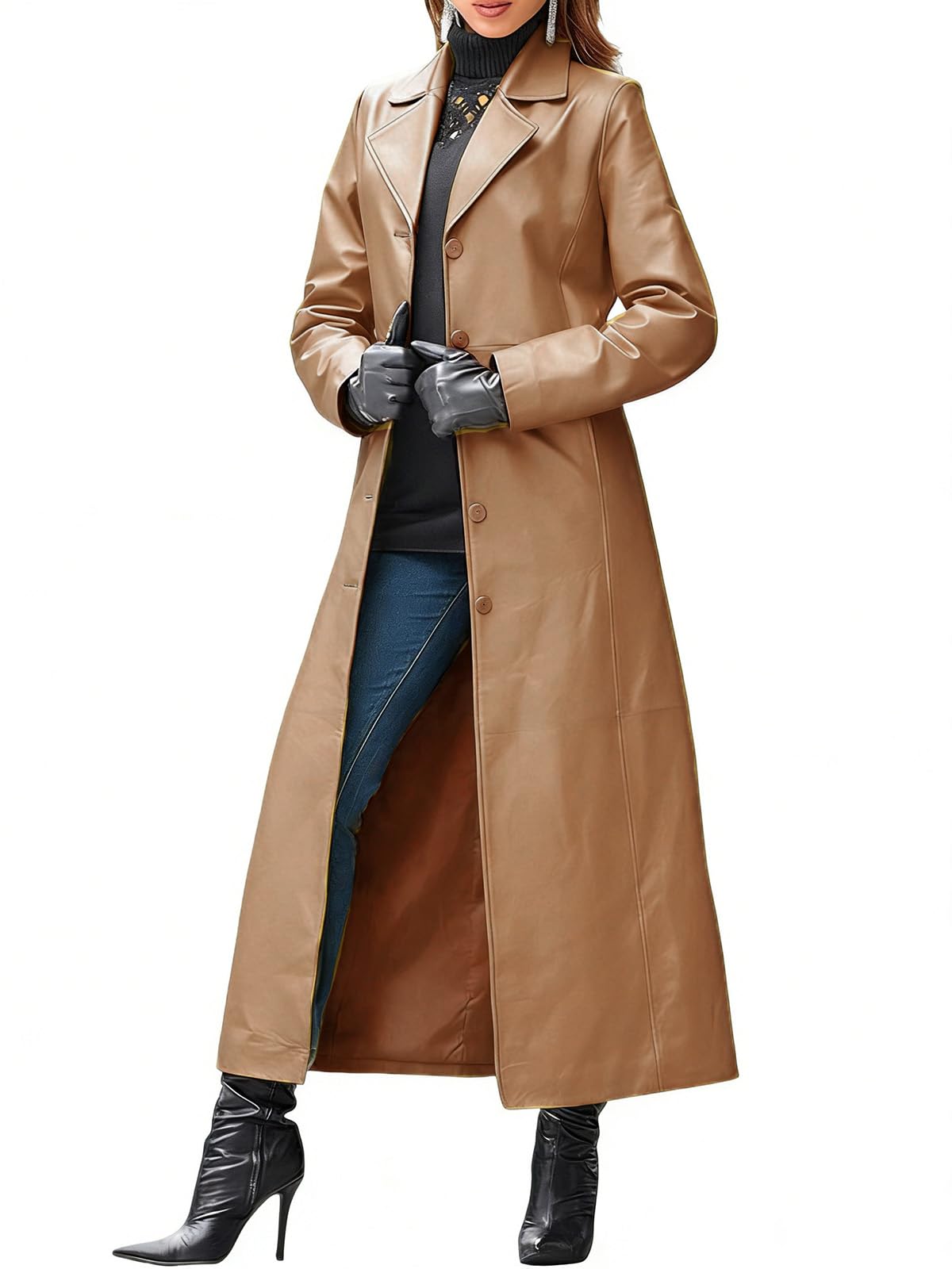 utcoco Womens Faux Leather Trench Coat Classic Lapel Button Down Maxi Jacket 2025 Stylish Overcoat (Small, Brown)
